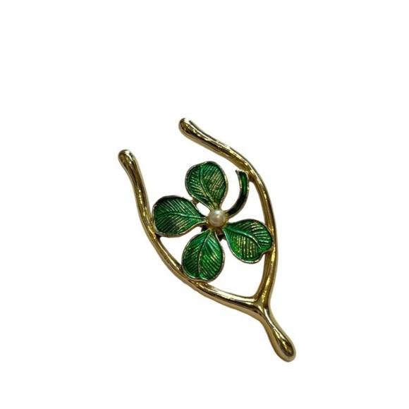 Gerry&apos;s Jewelry - Gerry's signed Green Enamel 4 Leaf Clover Faux Pearl Wishbone Brooch Luck